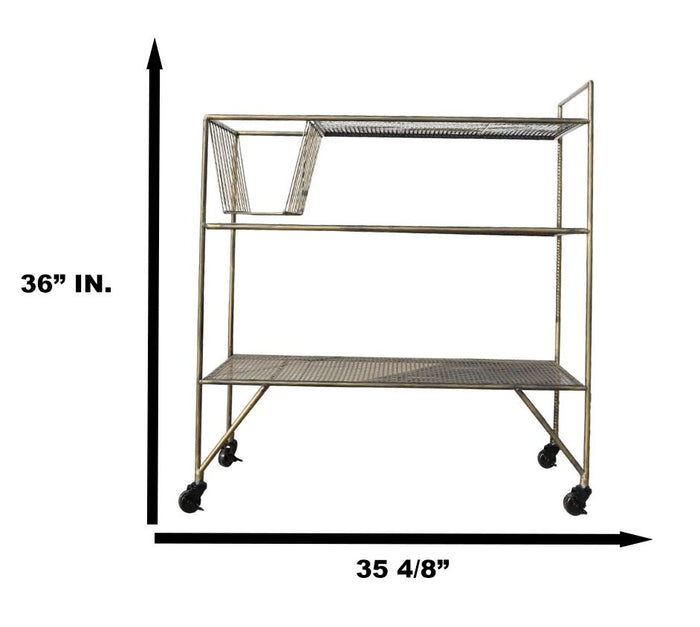 39"H Contemporary Brushed Gold Metal 3 Tier Shelf And Basket Bar Serving Cart