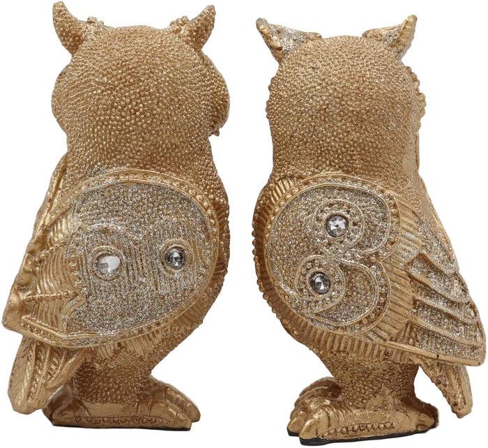 4.75"H Golden Great Horned Owls With Glitter Crystals Lace Design Figurine Set