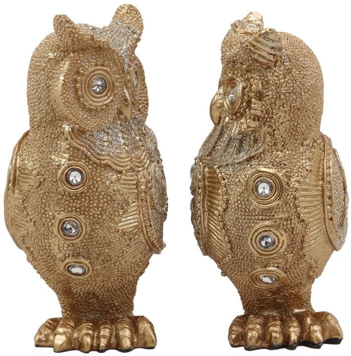 4.75"H Golden Great Horned Owls With Glitter Crystals Lace Design Figurine Set