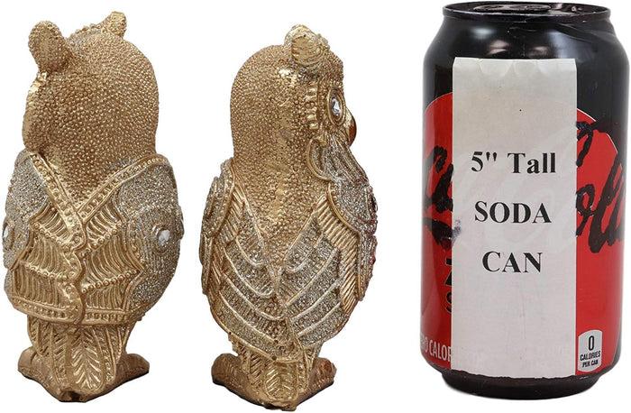 4.75"H Golden Great Horned Owls With Glitter Crystals Lace Design Figurine Set