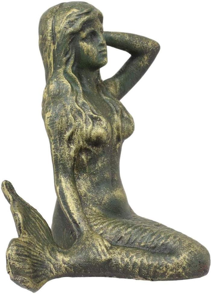 6.75"L Nautical Siren Expecting Mermaid Cast Iron Rustic Patina Finish Statue
