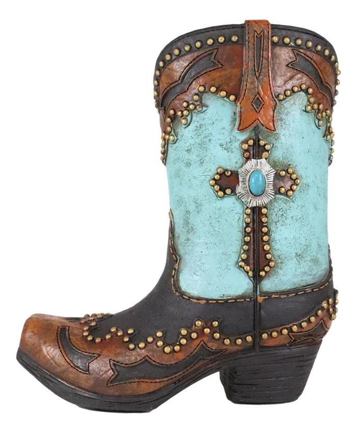 7"H Rustic Western Cowboy Turquoise Boot Figurine Stationery Holder Flower Vase