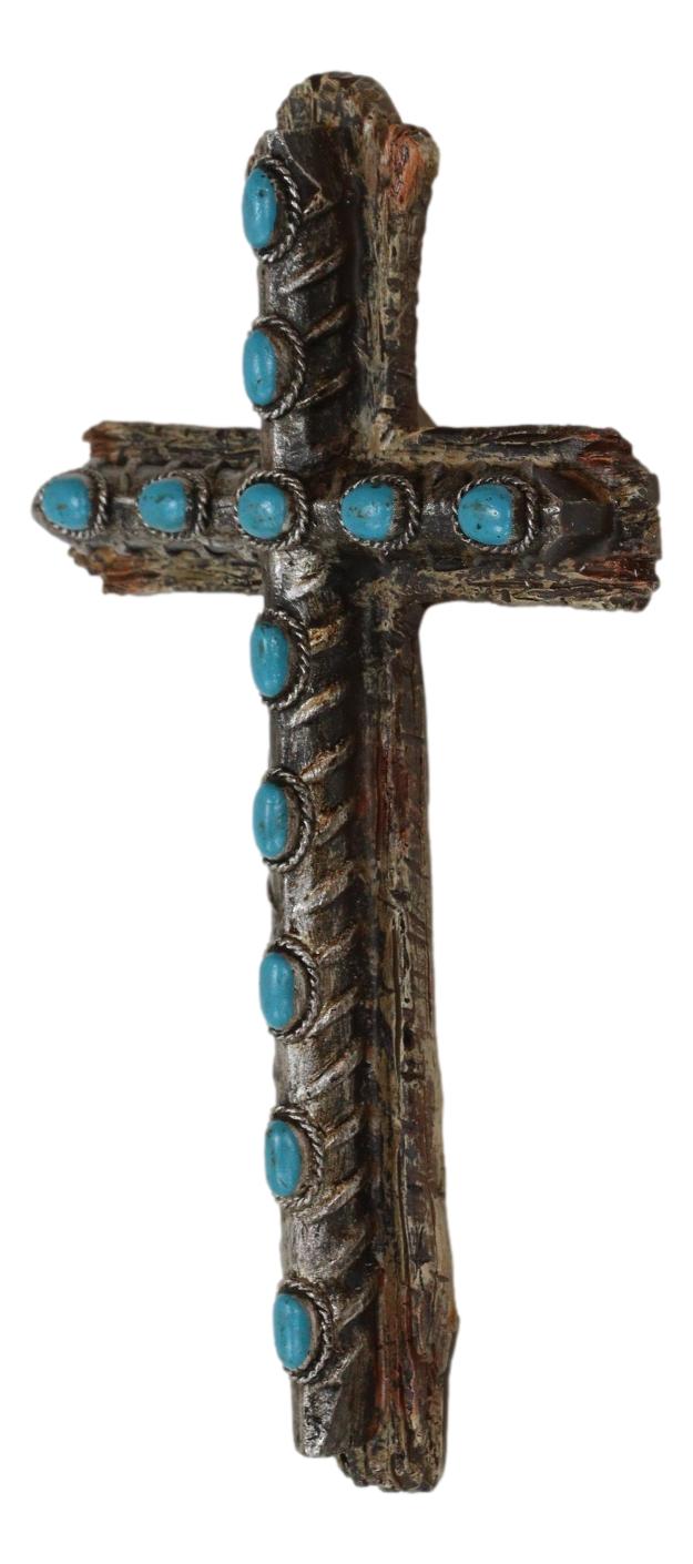 7"Tall Rustic Western Faux Distressed Wood Wall Cross With Turquoise Pebble Gems