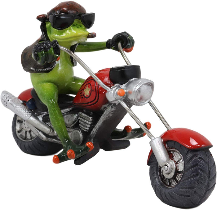 8.5"L Born To Ride Biker Frog Smoking Cigar On Red Chopper Motorcycle Statue