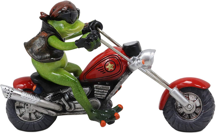 8.5"L Born To Ride Biker Frog Smoking Cigar On Red Chopper Motorcycle Statue