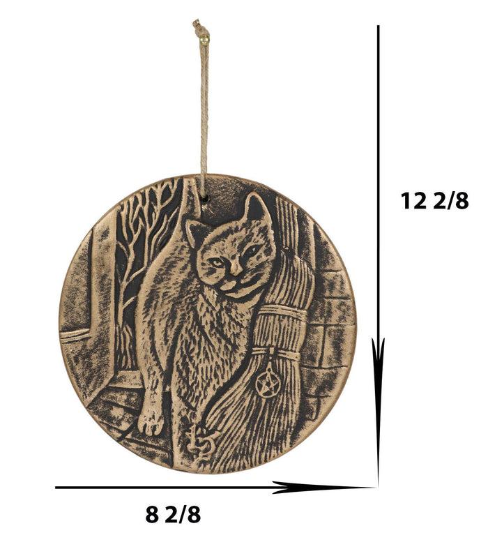 A Brush With Magick Feline Cat With Broomstick Terracotta Medallion Wall Decor