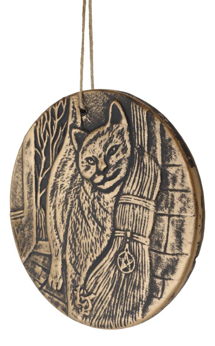 A Brush With Magick Feline Cat With Broomstick Terracotta Medallion Wall Decor