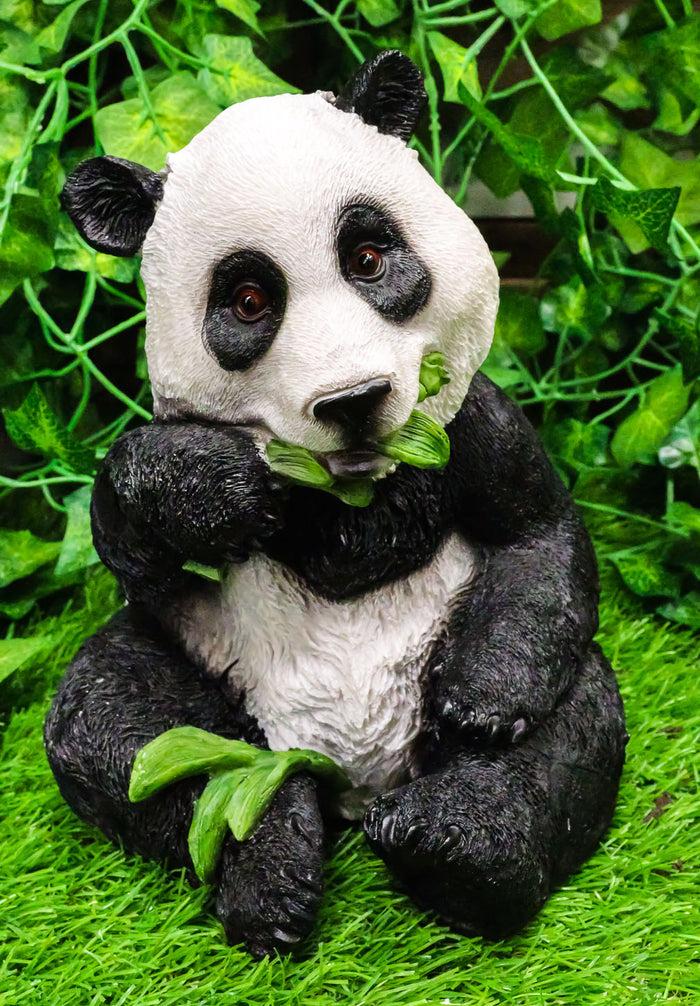 Adorable Giant Panda Bear Cub Eating Bamboo Leaves Figurine With Glass Eyes