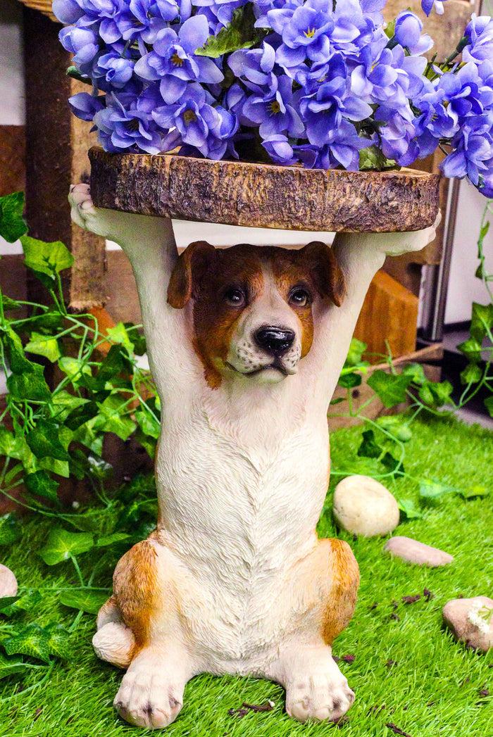 Adorable Mutt Dog Puppy Pooch Holding Faux Wood Slice Table Stand Figurine Adorable Mutt Dog Puppy Pooch Holding Faux Wood Slice Table Stand Figurine