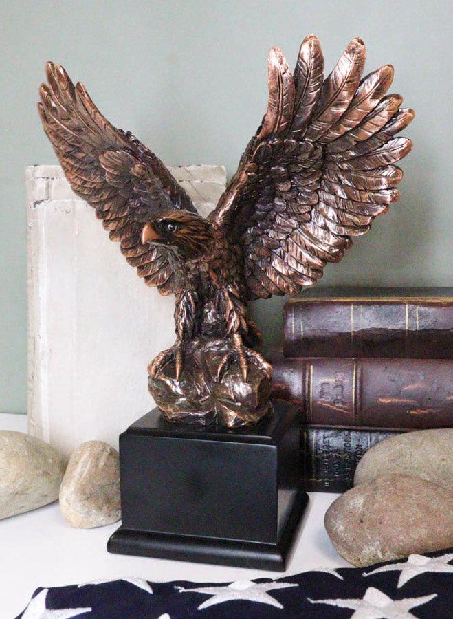 Aerial Majestic Bald Eagle On Rock Ledge Stretching Out Wings Figurine With Base