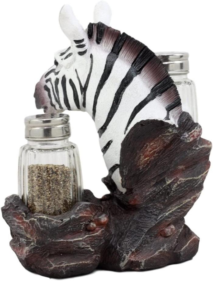 African Safari Equine Zebra Horse Glass Salt Pepper Shakers Holder Set Figurine