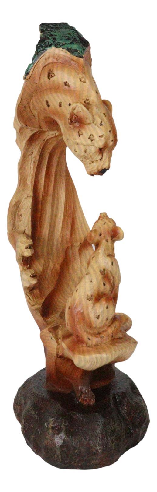 African Savannah Jungle Panther Leopard And Cub Faux Wood Carving Scene Figurine