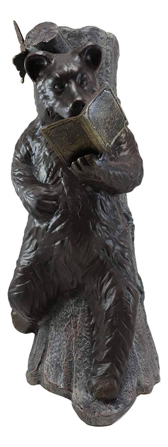 Aluminum Whimsical Butterfly And Bear Resting On Tree Trunk Reading Book Statue