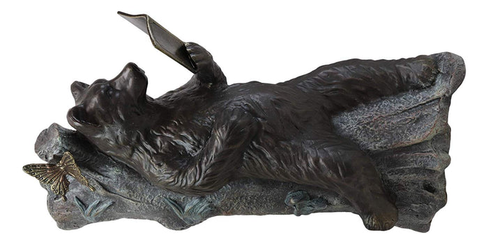 Aluminum Whimsical Butterfly And Bear Resting On Tree Trunk Reading Book Statue