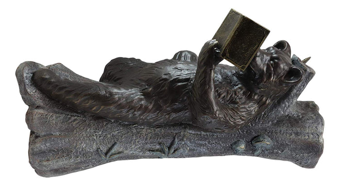 Aluminum Whimsical Butterfly And Bear Resting On Tree Trunk Reading Book Statue