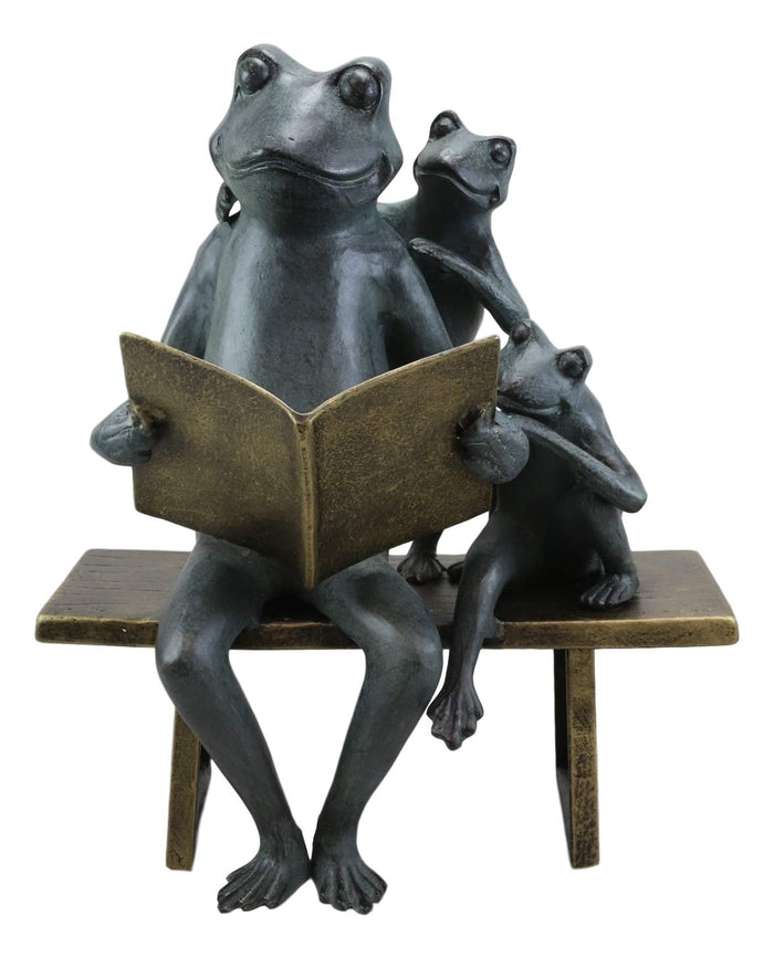 Aluminum Whimsical Daddy Frog Reading Story Book To Kids On Bench Garden Statue