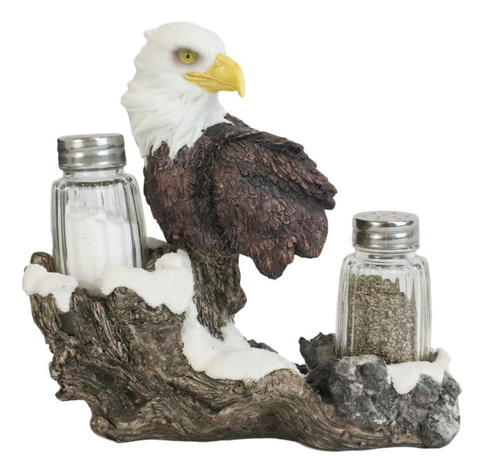 American Bald Eagle By Tree Branch Glass Salt & Pepper Shakers Holder Figurine