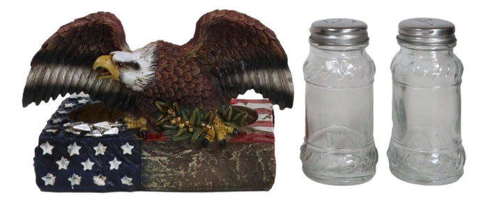 American Bald Eagle With Olive Branch On US Flag Salt & Pepper Shakers Holder