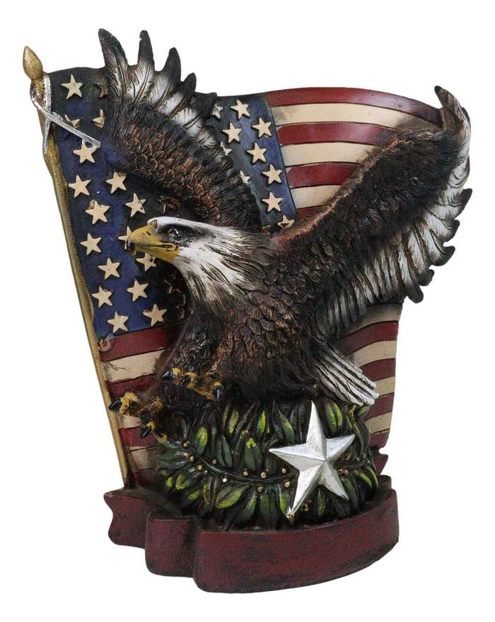 American Bald Eagle With Olive Branch Soaring by US Flag Desktop Figurine American Bald Eagle With Olive Branch Soaring by US Flag Desktop Figurine