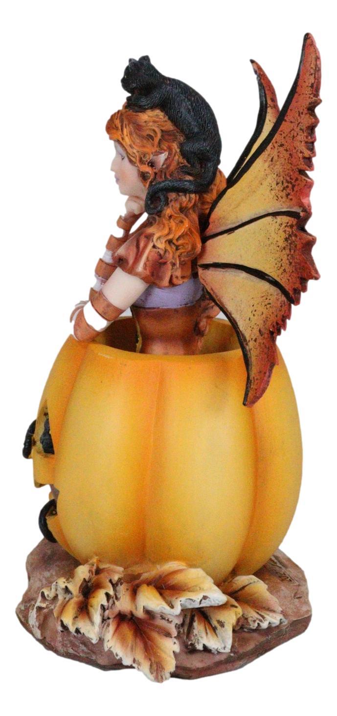 Amy Brown Halloween Mischief Fairy With Black Cats On Grinning Pumpkin Figurine