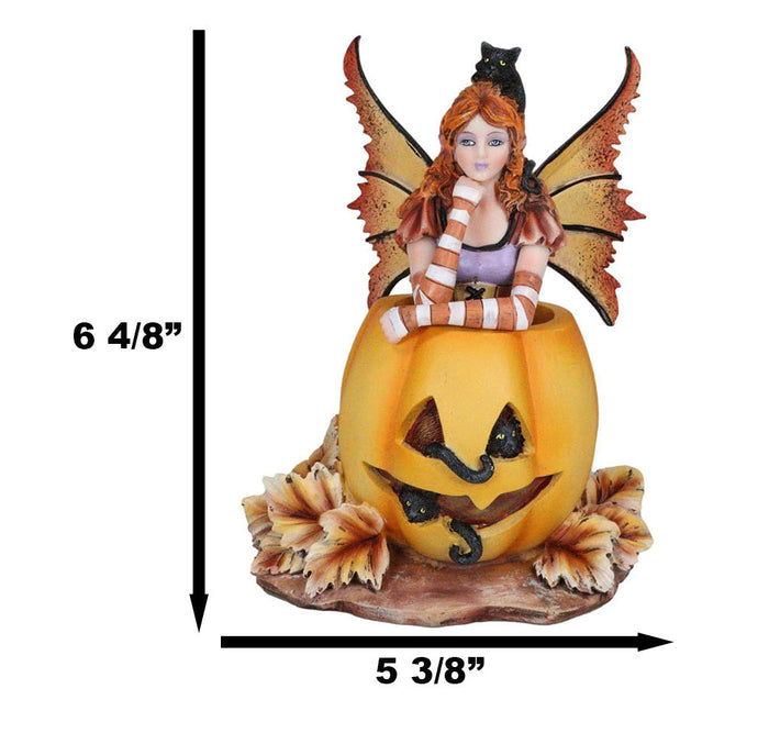 Amy Brown Halloween Mischief Fairy With Black Cats On Grinning Pumpkin Figurine
