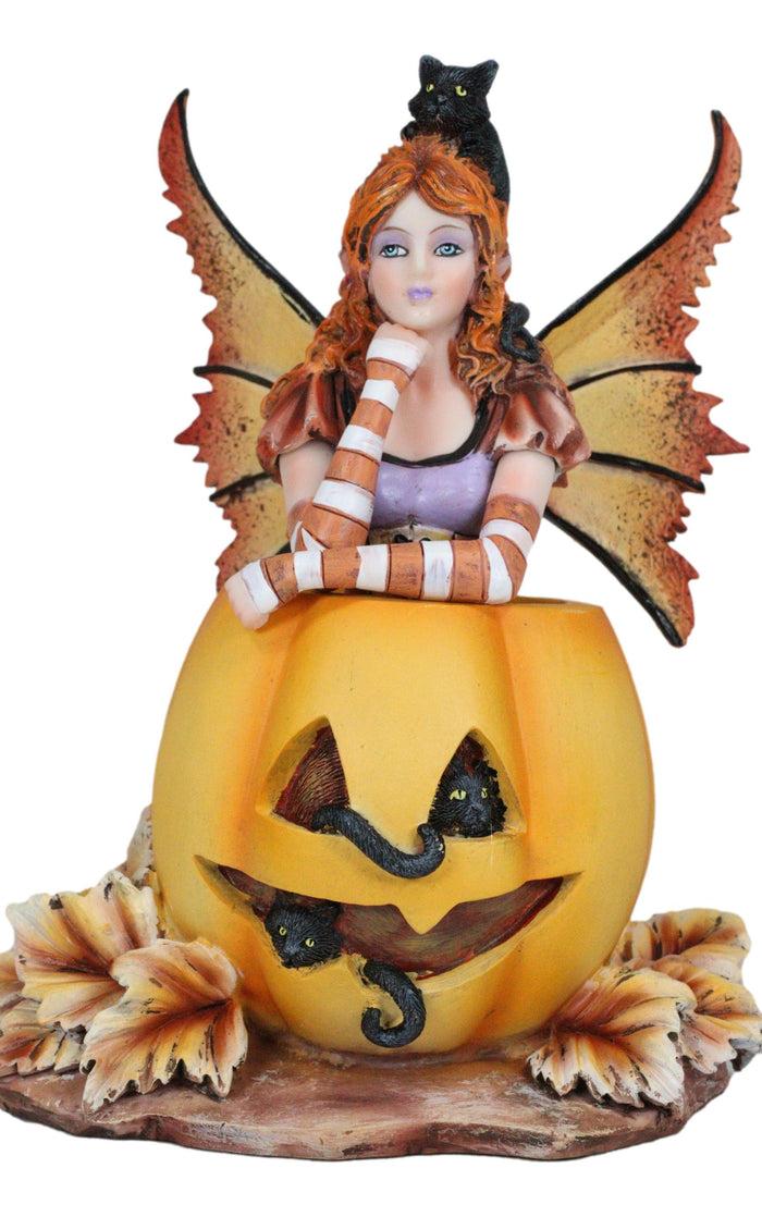 Amy Brown Halloween Mischief Fairy With Black Cats On Grinning Pumpkin Figurine