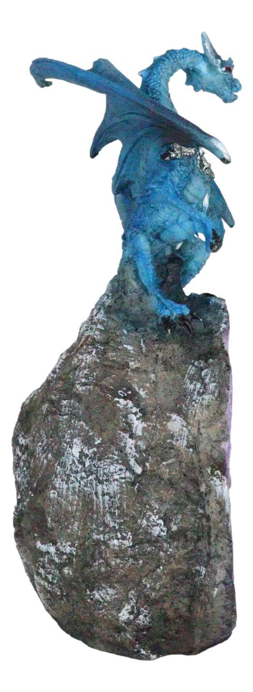 Armored Blue Dragon On Purple Quartz Faux Geode Crystal Cavern Rock Figurine