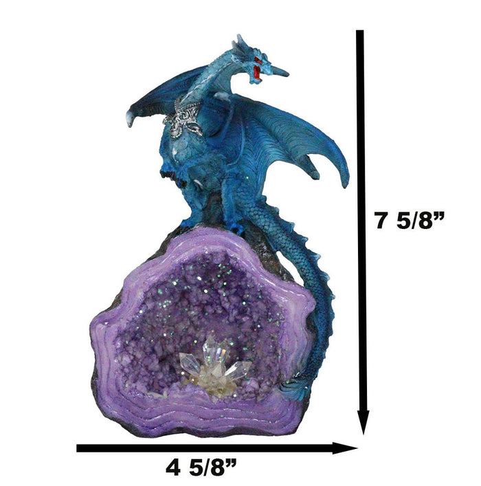 Armored Blue Dragon On Purple Quartz Faux Geode Crystal Cavern Rock Figurine