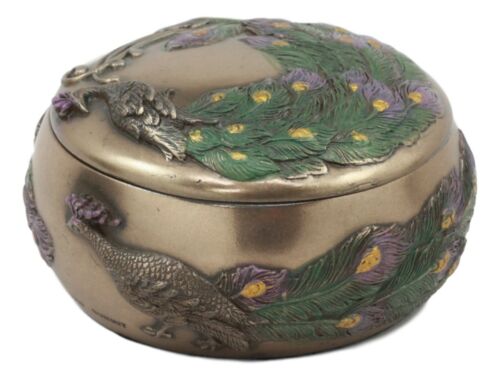 Art Nouveau Beautiful Iridescent Tailed Peacock Round Jewelry Box