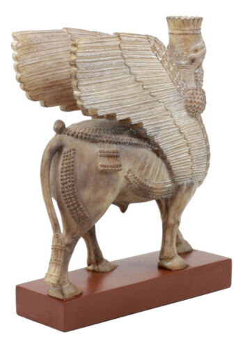 Assyrian Bull Lamassu Statue 8.5"L Decorative Shedu On Wooden Pedestal Figurine