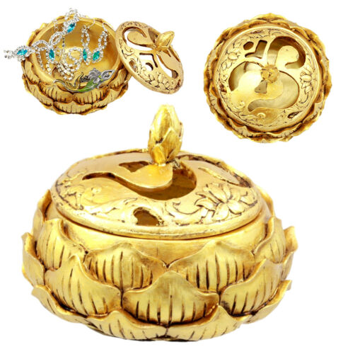 Auspicious Golden Buddha Ohm Carved Padma Lotus Round Jewelry Box Figurine Auspicious Golden Buddha Ohm Carved Padma Lotus Round Jewelry Box Figurine