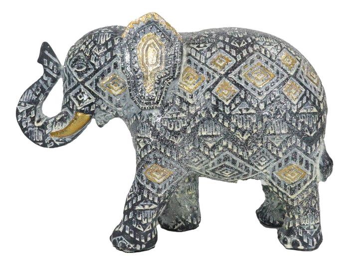 Auspicious Grey Glossy Mosaic Design Noble Aztec Elephant With Trunk Up Figurine