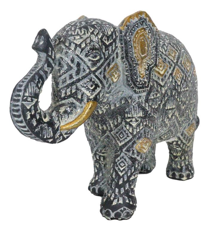 Auspicious Grey Glossy Mosaic Design Noble Aztec Elephant With Trunk Up Figurine
