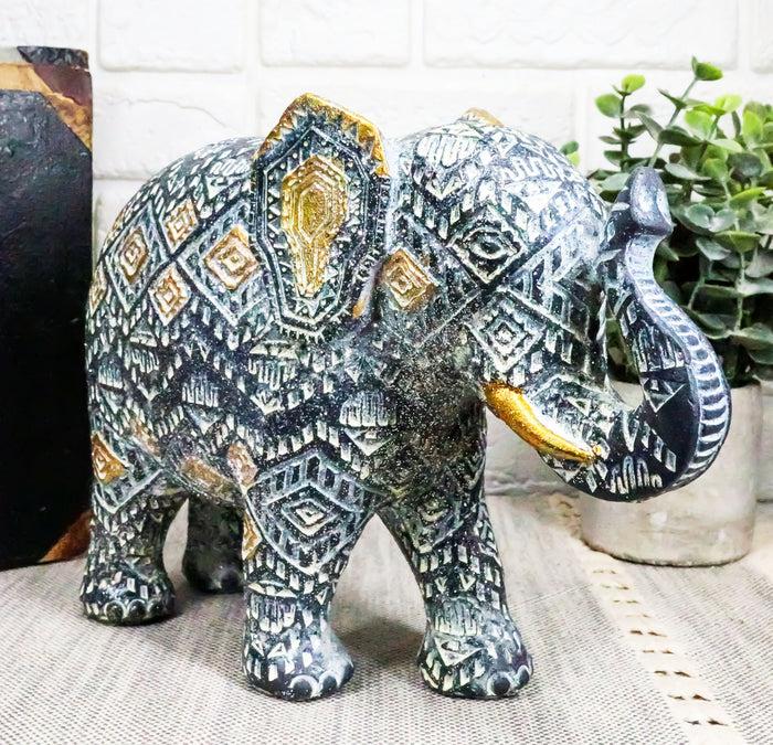 Auspicious Grey Glossy Mosaic Design Noble Aztec Elephant with Trunk Up Figurine