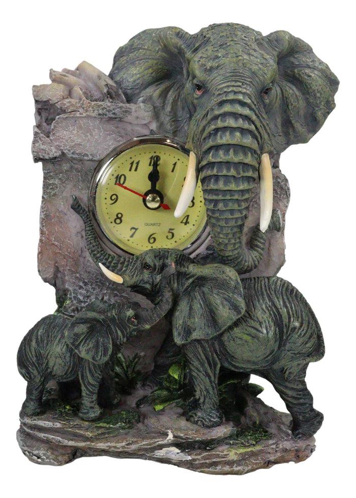 Auspicious Wildlife Safari Savannah Elephant Father And Calf Family Table Clock
