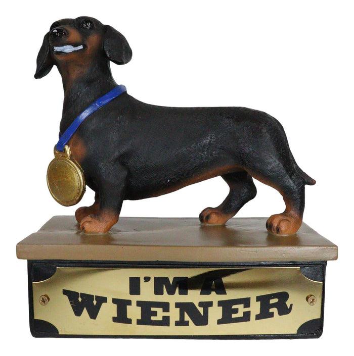 Award Trophy Dachshund Puppy Dog With Gold Medal Standing On Stage Figurine
