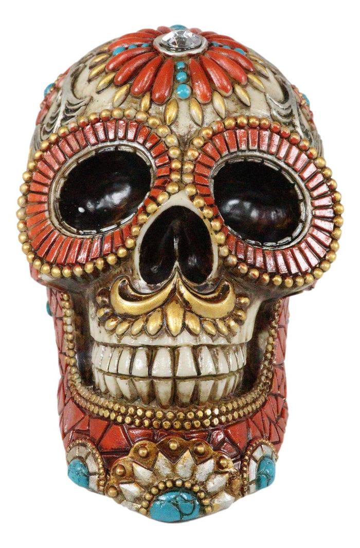 Aztec Indian Boho Mayan Fire God Tooled Floral Turquoise Orange Stones Skull