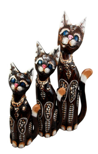 Balinese Wood Handicraft Blue Eyed Feline Cat Family Set Of 3 Figurines 20"H