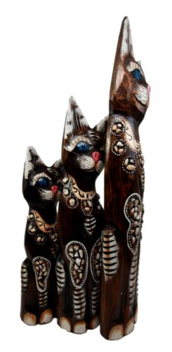 Balinese Wood Handicraft Blue Eyed Feline Cat Family Set Of 3 Figurines 20"H