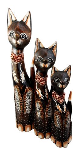 Balinese Wood Handicraft Gecko Tattoo Feline Cat Family Set Of 3 Figurines 20"H