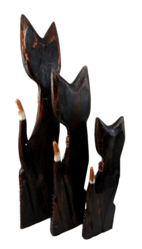 Balinese Wood Handicraft Gecko Tattoo Feline Cat Family Set Of 3 Figurines 20"H