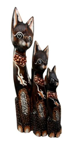 Balinese Wood Handicraft Gecko Tattoo Feline Cat Family Set Of 3 Figurines 20"H