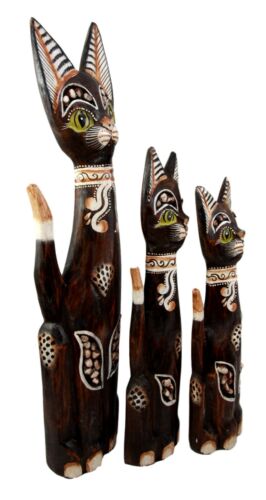 Balinese Wood Handicraft Green Eyed Feline Cat Family Set Of 3 Figurines 20"H