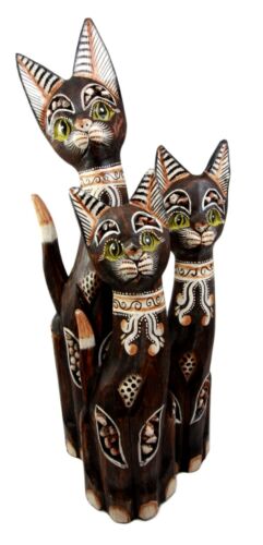 Balinese Wood Handicraft Green Eyed Feline Cat Family Set Of 3 Figurines 20"H