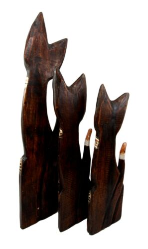 Balinese Wood Handicraft Green Eyed Feline Cat Family Set Of 3 Figurines 20"H