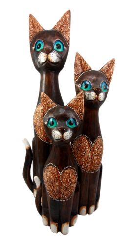 Balinese Wood Handicraft Heart Carving Feline Cat Family Set Of 3 Figurines 20"H