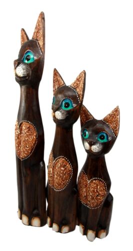 Balinese Wood Handicraft Heart Carving Feline Cat Family Set Of 3 Figurines 20"H