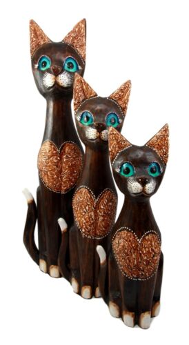 Balinese Wood Handicraft Heart Carving Feline Cat Family Set Of 3 Figurines 20"H