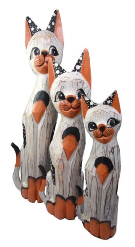 Balinese Wood Handicraft Polka Orange Feline Cat Family Set Of 3 Figurines 20"H
