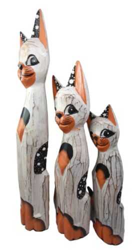 Balinese Wood Handicraft Polka Orange Feline Cat Family Set Of 3 Figurines 20"H